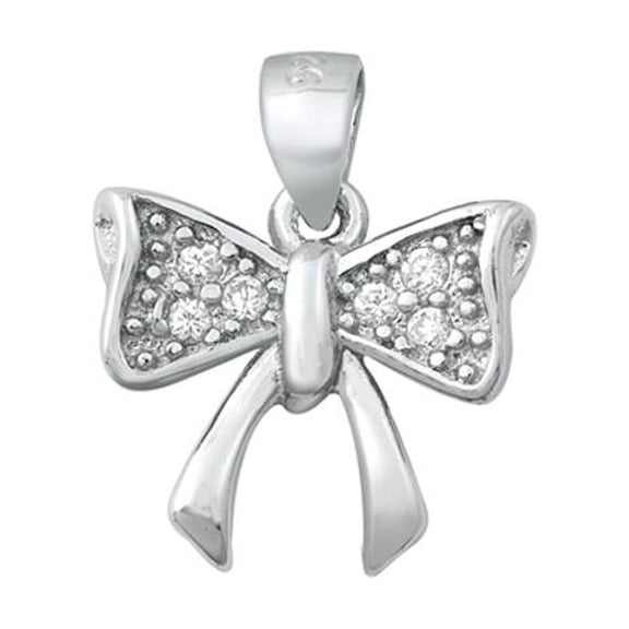 Sterling Silver Clear Cubic Zirconia Bow Pendant Ribbon Elegant Cluster Charm 925 New Jewelry Female