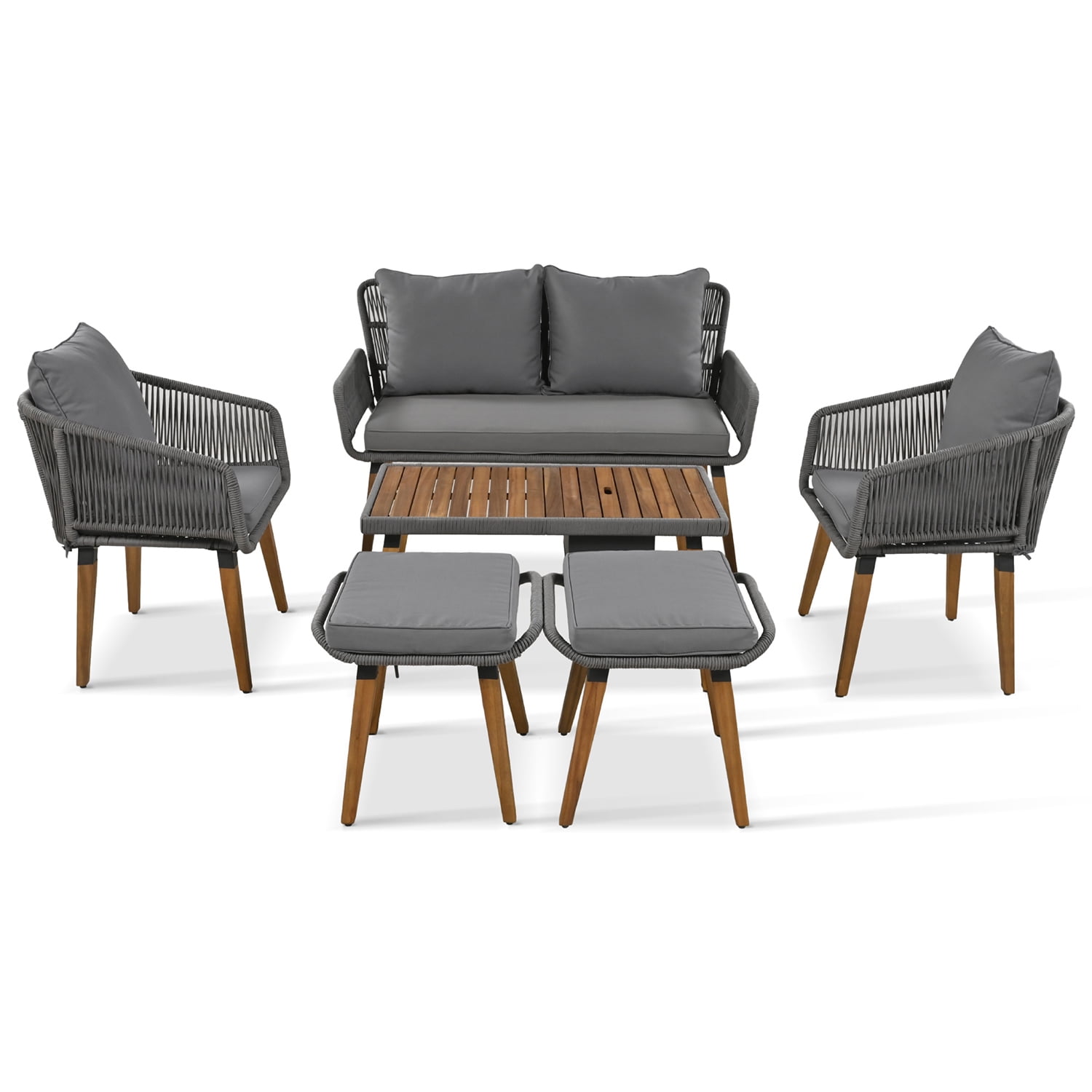 Aimee Lii Outdoor Patio Acacia Wood & Rope 6-Piece Furniture Set with Ice Bucket, Patio Conversation Set with Ottomans, Gray