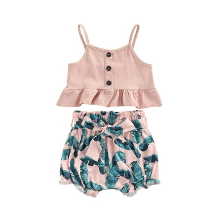 

Amuver Girls 3Pcs Outfit Spaghetti Strap Ruffle Hem Sleeveless Vest + Leaves Printed Shorts + Belt