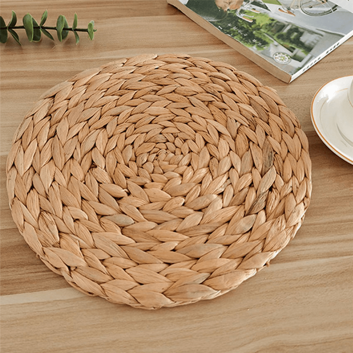 Round Woven Rattan Placemats, Natural Wicker Mats, Water Hyacinth Straw Braided Placemats, Set of 12