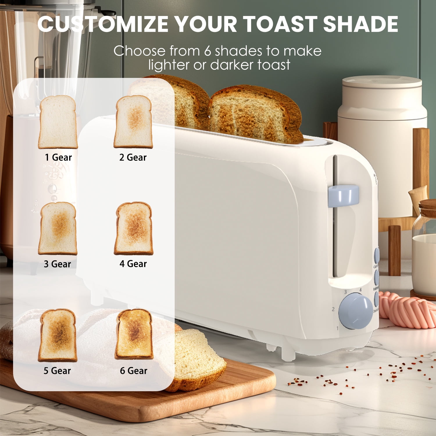 Slim 2-Slice Toaster, 10" Long Slot,6 Shade Settings with Cancel, Reheat & Defrost, Auto Shut off, Removable Crumb Tray，White