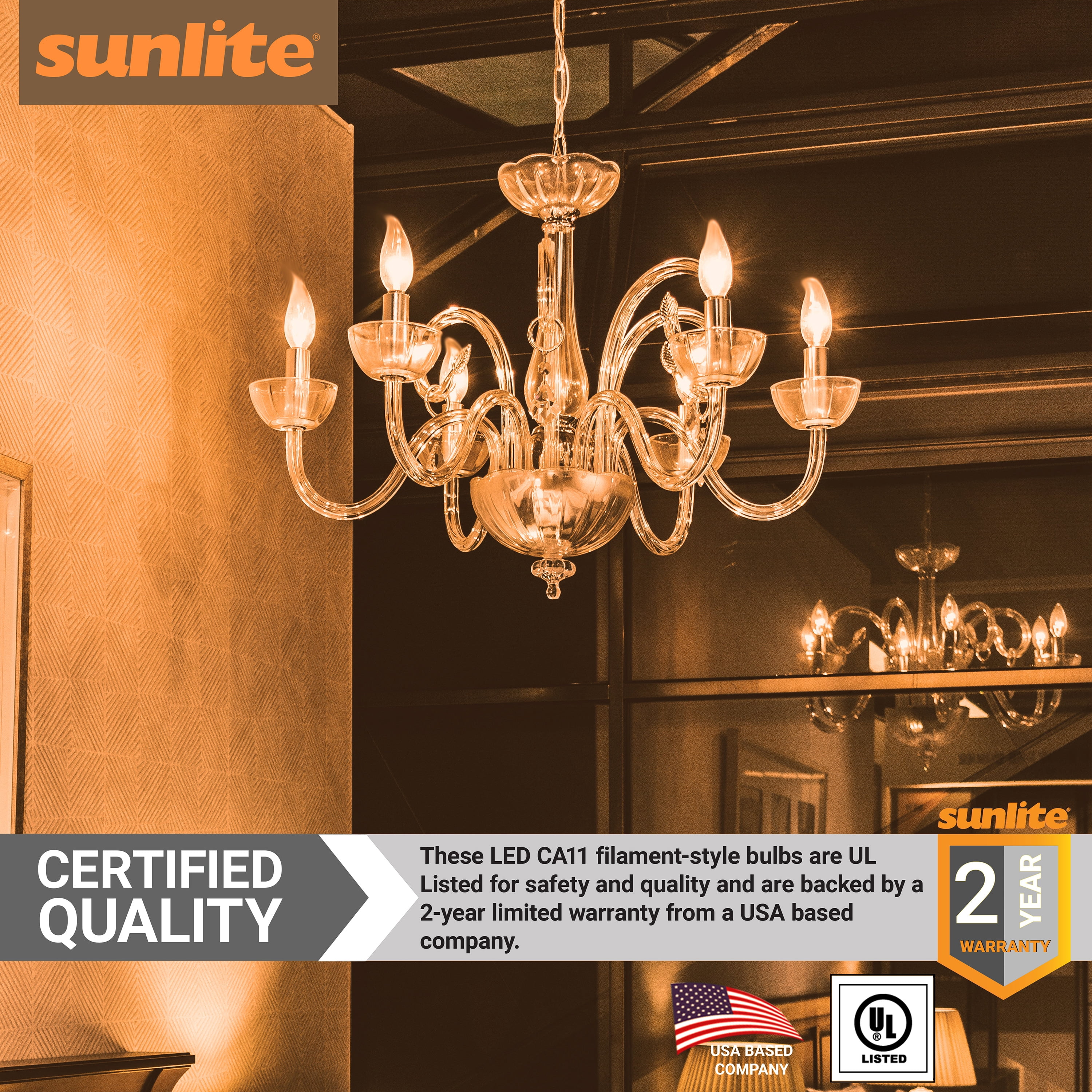 Sunlite LED Filament CA11 Flame Tip Chandelier Light Bulb 5 Watts (60W Equivalent), Candelabra E12 Base, Dimmable, UL Listed, 2700K Warm White, 6 Pack