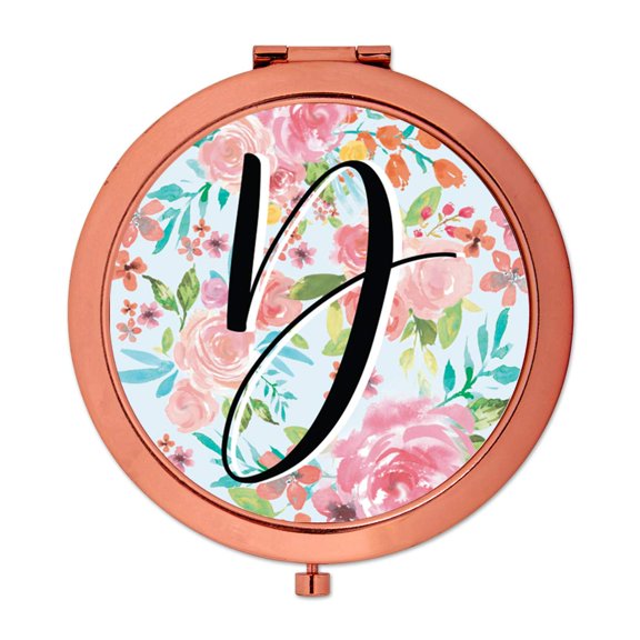 Koyal Wholesale Compact Mirror Bridesmaid's Wedding Gift, Rose Gold, Monogram Letter D, Tea Party Pink Floral Flowers