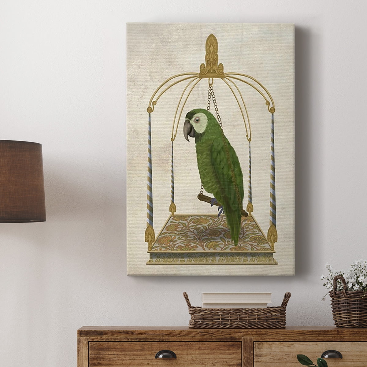 Green Parrot on Swing Premium Gallery Wrapped Canvas - Ready to Hang