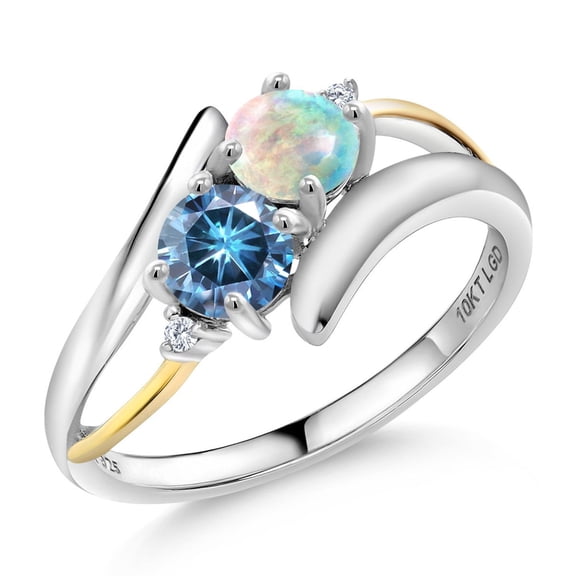 Gem Stone King 925 Silver and 10K Yellow Gold Ring Round/Cabochon White Simulated Opal and Vivid Persian Blue Moissanite (1.02 Cttw, Size 9)