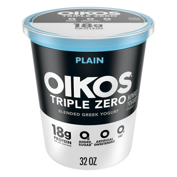 Oikos Triple Zero 18g Protein, 0g Added Sugar, Plain Greek Nonfat Yogurt Tub, 32 oz