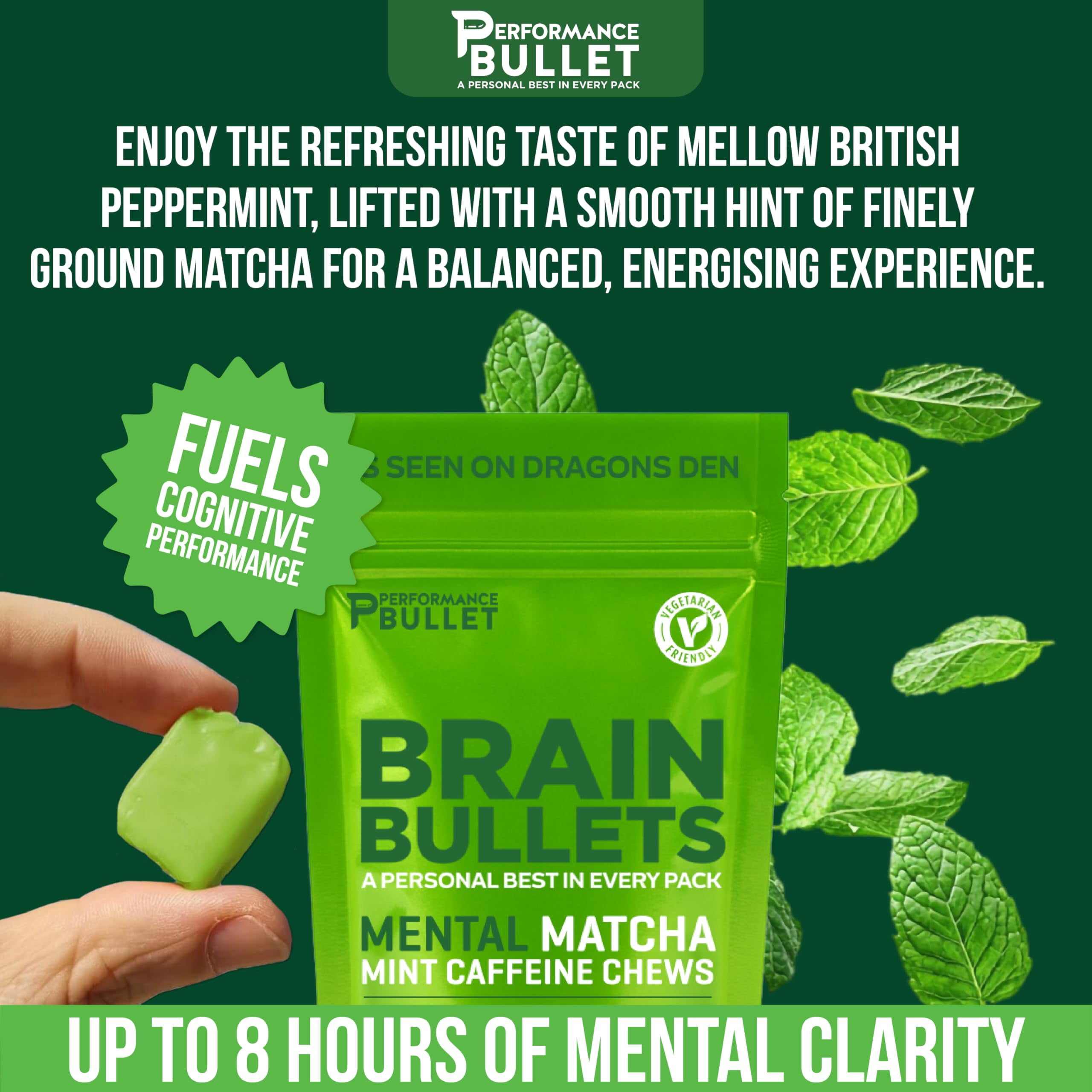 Brain Bullet Mint Matcha Caffeine Chews 80mg Caffeine + 160mg L-Theanine per Chew, 40 Chews