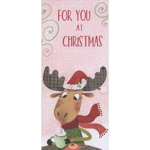 Designer Greetings Moose Drinking Cocoa on Light Pink Package of 8 Money Holder / Gift Card Holder Christmas Cards for Kids