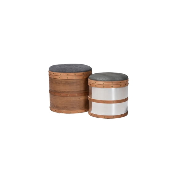 Grey Fabric & Blue Faux Leather Ottoman Set - Modern Living Room Storage
