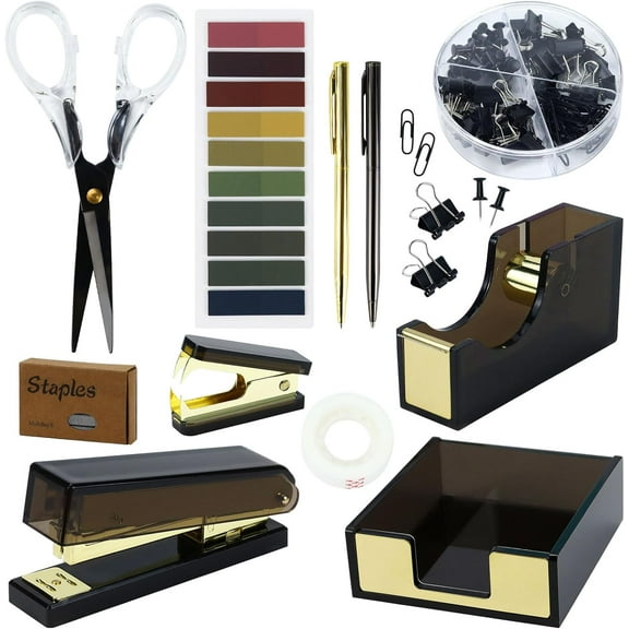 MultiBey Black Gold Acrylic Sticky Notes Holder Stapler and Tape Dispenser Cutter with Sticky Notes, 950 Staples & Tape, Staple Remover, Scissor, Ballpoint Pen, Paper Clips Set for Women Office Home