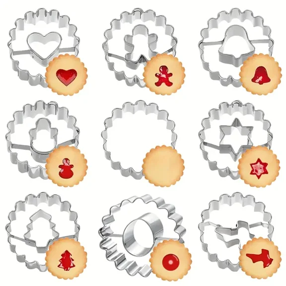 9pcs, Mini Linzer Cookie Cutter Set, Christmas Holiday Metal Cookie Cutters, Gingerbread Man, Christmas Tree, Bell, Heart Shape For Baking Sandwich Jam Cookie
