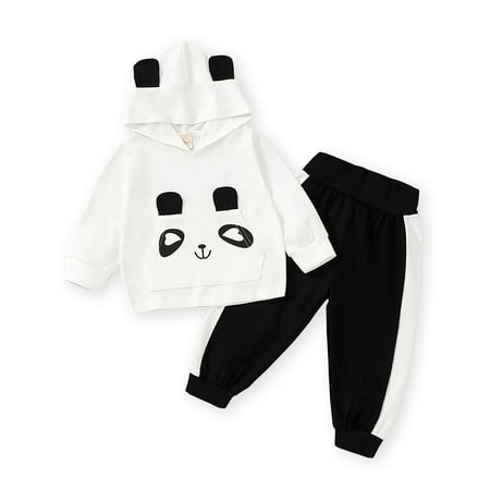 

KIMI BEAR Newborn Baby Boys Outfits 6 Months Newborn Boy Autumn Winter Outfits 9 Months Newborn Boy Cute Panda Print Hooded Long Sleeve Hoodie + Pants 2PCs Set Black + White