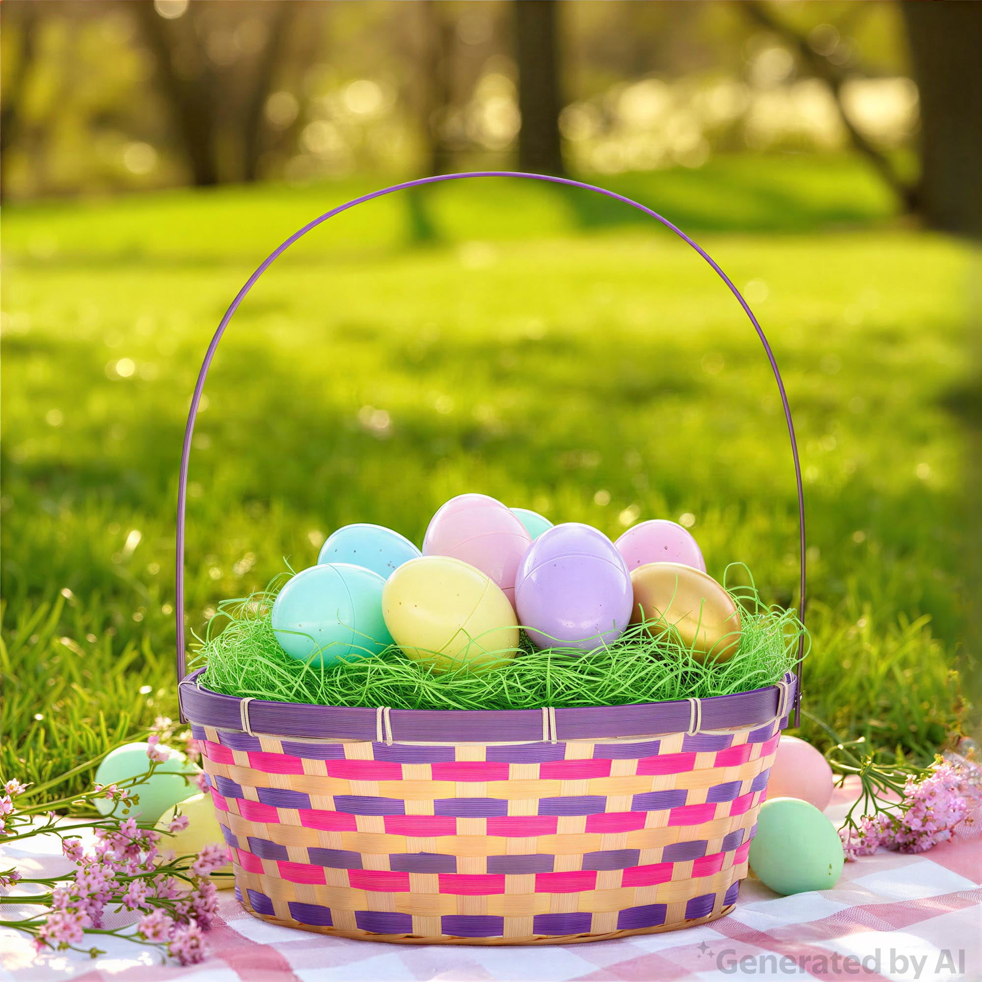 Round Bamboo Basket, Pink and Purple, 13.5" x 16", Easter by Way To Celebrate