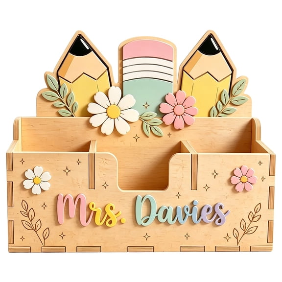 Wooden Teacher Pen Organizer Box, Multi Slot Desktop Memo Note Stationery Storage Caddy, Wooden Desk Supply Holder, Cute Rainbow Floral Tabletop Decor Accessory, Teacher Appreciation Gift