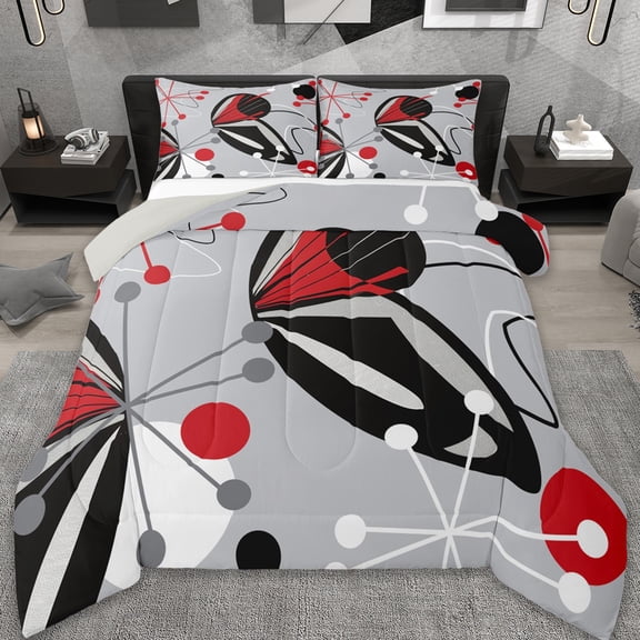 jejeloiu Abstract Geometric Bedding Comforter Set,Geometric Circle Dot Twin Comforter Sets,Red Black Gray Bedding Set For Men Women,Breathable Home Decor Reversible,2pcs