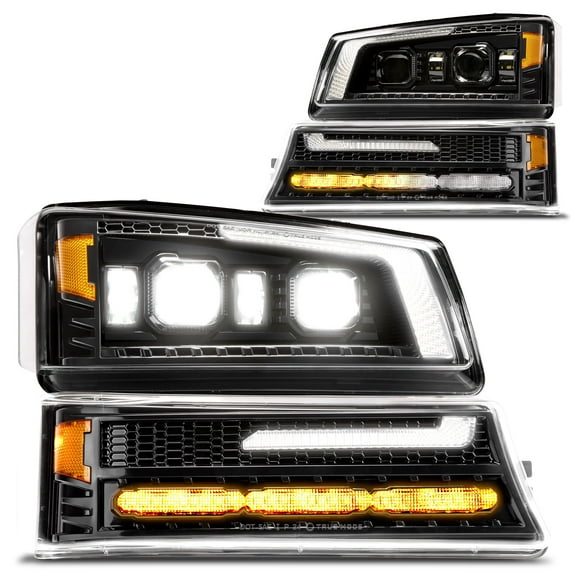 TRUE MODS LED Headlight Assembly Bumper Lamp Replacement For 2003-2006 Chevy Chevrolet Silverado Avalanche 1500 2500 3500 HD [DOT] DRL & Amber Sequential Turn Signal Projector Black Housing Headlamp