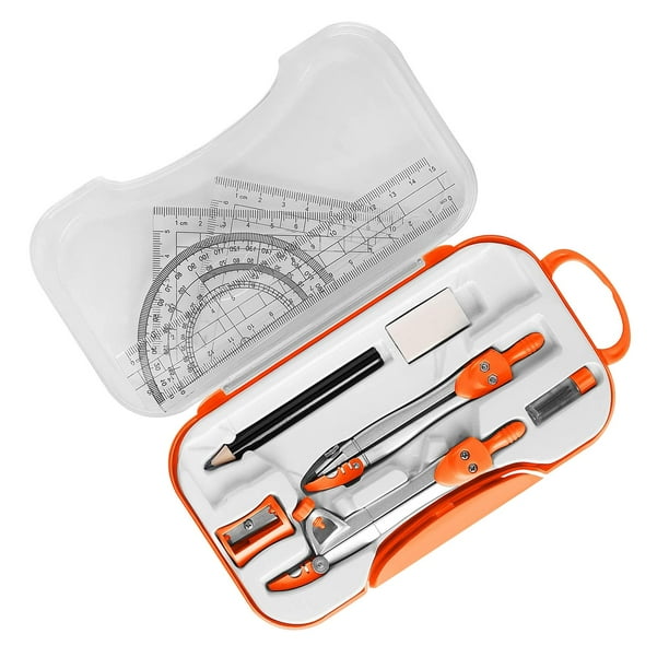 de geometría ática, juego de brújula transportador, regla, sacapuntas, borrador, escolaridad Naranja Zulema Equipo de Geometría Matemática