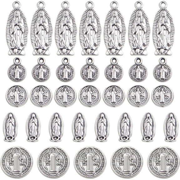 50pcs Mixed Jesus Virgin Mary Religious Benedict Medallion Spacer Beads and Pendant Charms for DIY Rosary Necklace Bracelet Jewelry Making, 5 Styles， Antique Silver