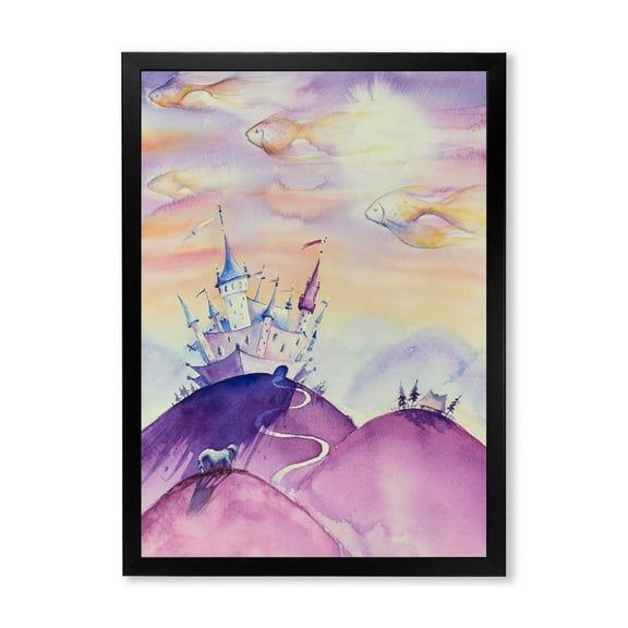 Designart 'Fairy Tale Kingdom Palace On Purple Mountain Top' Children's Art Framed Art Print
