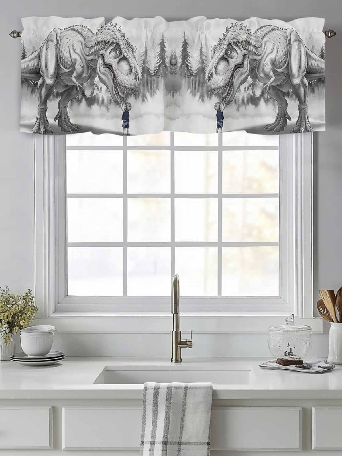 Dinosaurs Boy Curtain Valances for Windows, Gray Funny Cartoon Forest Animals Kitchen Valance Window Treatment, Light Filtering Block Curtains for Bathroom/Bedroom/Living Room 42'' x 18''