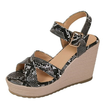 

Cathalem Fashion Spring Summer Women Sandals Thick Sole Wedge Heel High Heel Serpentine Pattern Open Toe Breathable Buckle Strap Comfortable Black 42