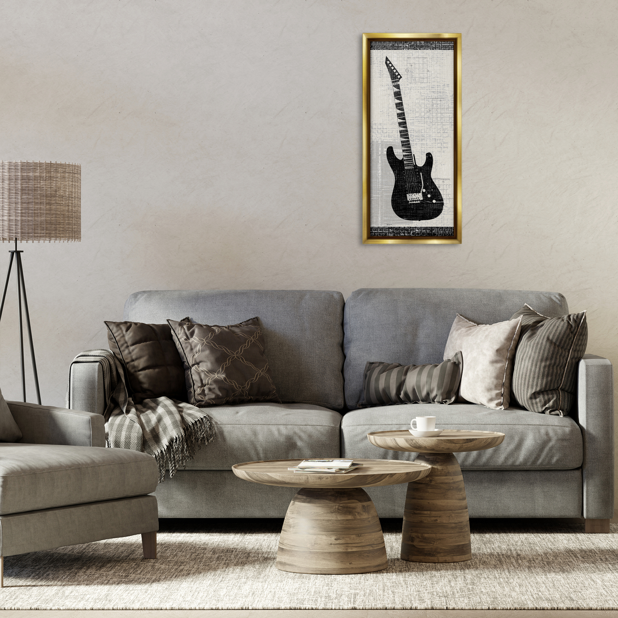 Stupell Industries Patterned Electric Guitar Performing Arts Painting Gold Floater Framed Art Print Wall Art, 15 x 31