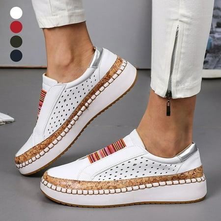 Kuorak Women Faux Leather Elastic Band Round Toe Slip On Shoes Hollow Anti Skid Loafers