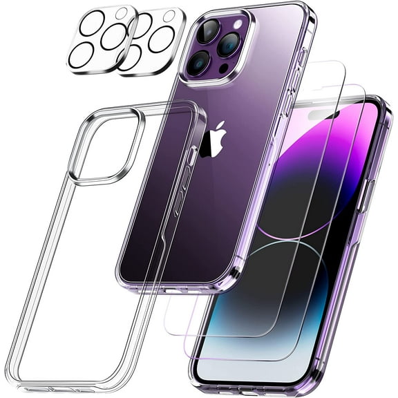 Compatible for iPhone 14 Pro Max Crystal Clear Case, with 2 Pcs Glass Screen Protectors 2 Pcs Camera Protectors for iPhone 14 Pro Max Heavy Duty Clear Case