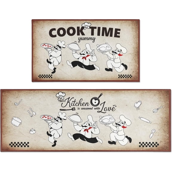 Fat Chef Kitchen Rugs Sets of 2, Vintage Farmhouse Home Kitchen Rugs and Mats, Washable Non Skid Absorbent Microfiber Kitchen Floor Decor Mat 17"x 47" 17"x 30"