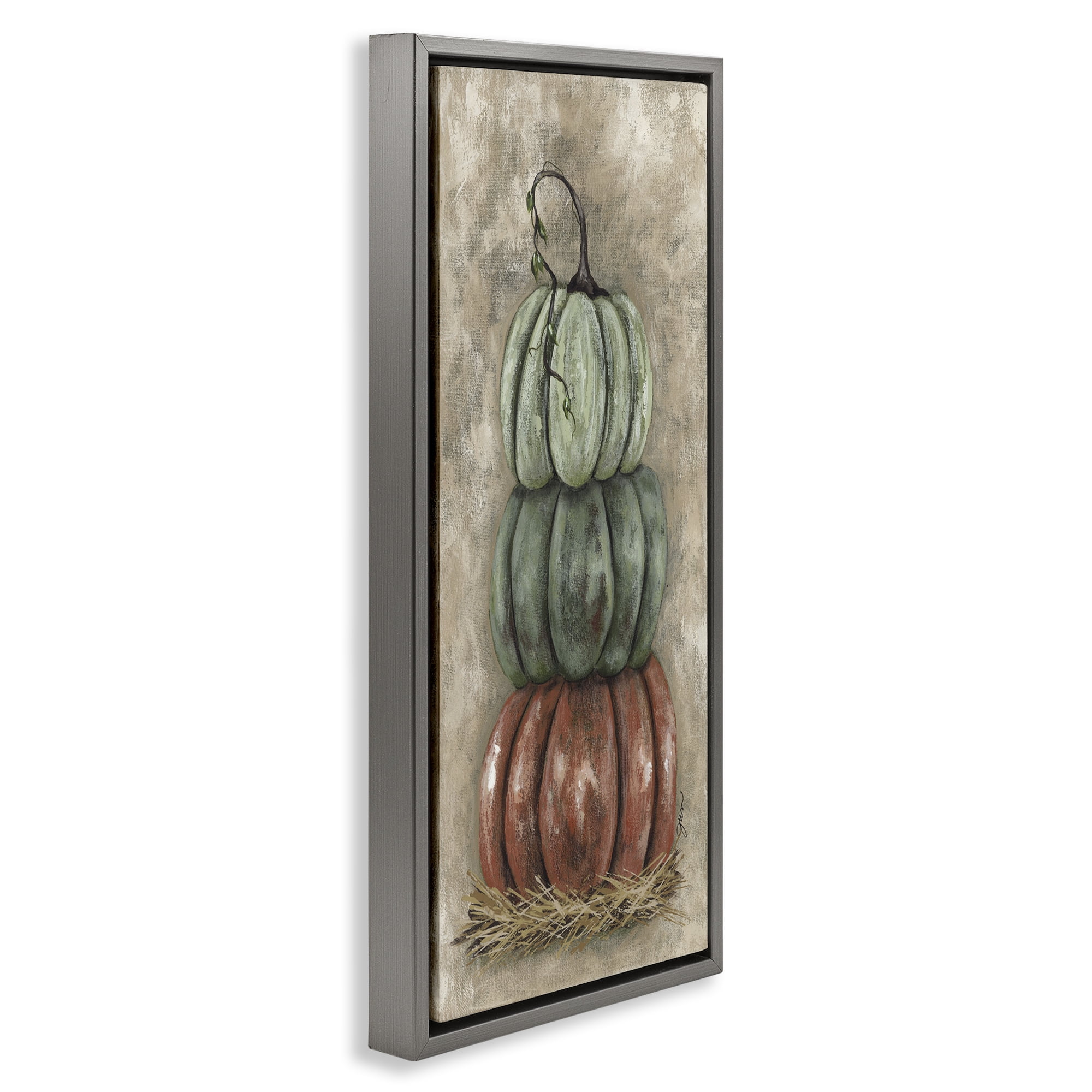 Stupell Industries Stacked Rustic Pumpkins Botanical & Floral Painting Gray Floater Framed Art Print Wall Art, 11 x 25