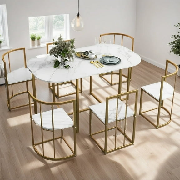7-Piece Dining Table Set with 6Stools - Industrial Compact Kitchen Table & Chairs Sets, Space-Saving Design for Apartment, Small Space, Breakfast Nook