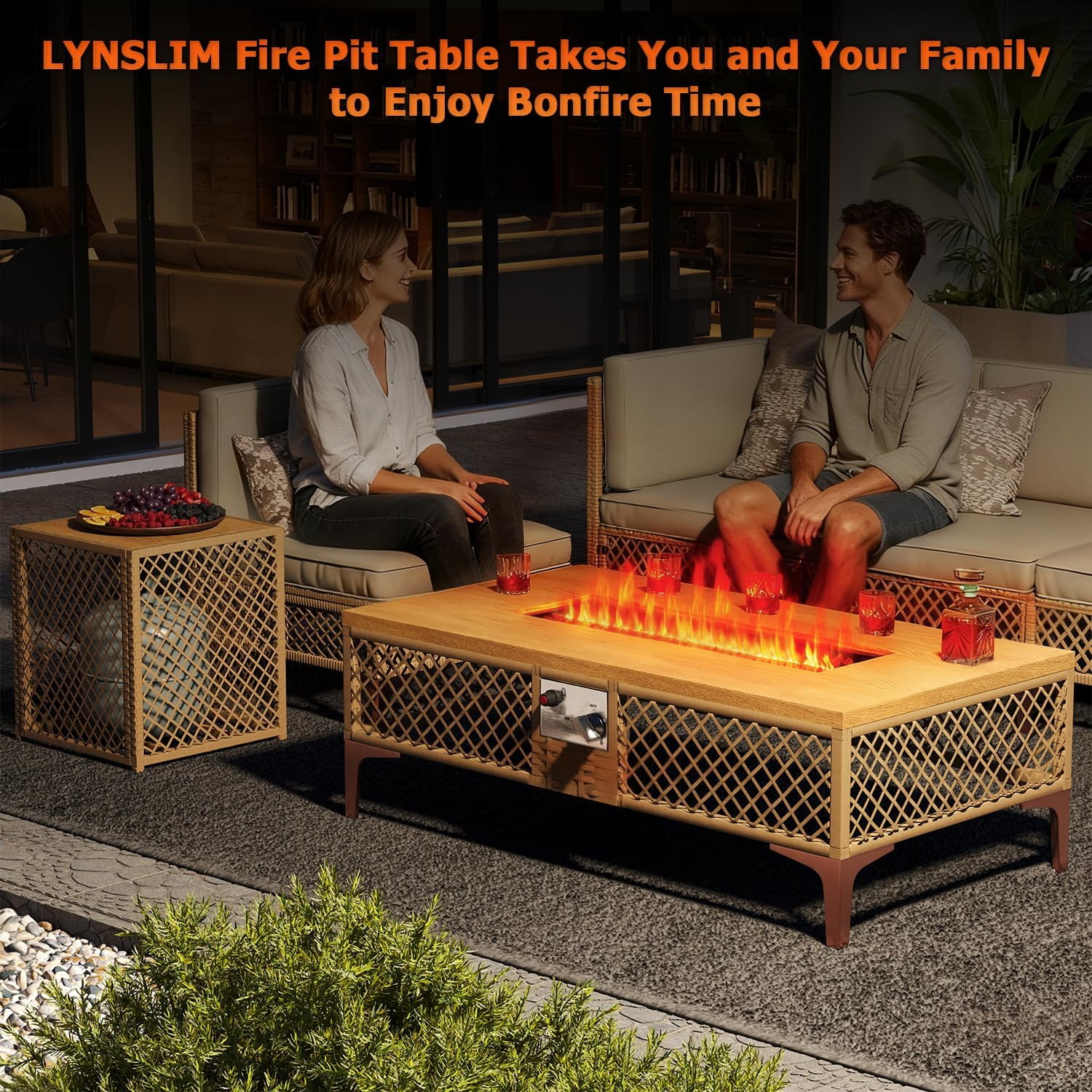 LAZZO Outdoor Fire Pit Table, Rectangular 60000 BTU Propane Fire Pit with Wicker Frame and Tank Holder