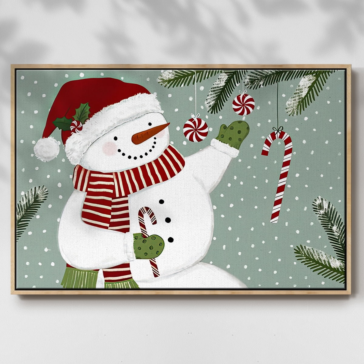 Peppermint Snowman Collection A - Framed Gallery Wrapped Holiday Canvas - 17 x 25 - Natural Wood Frame