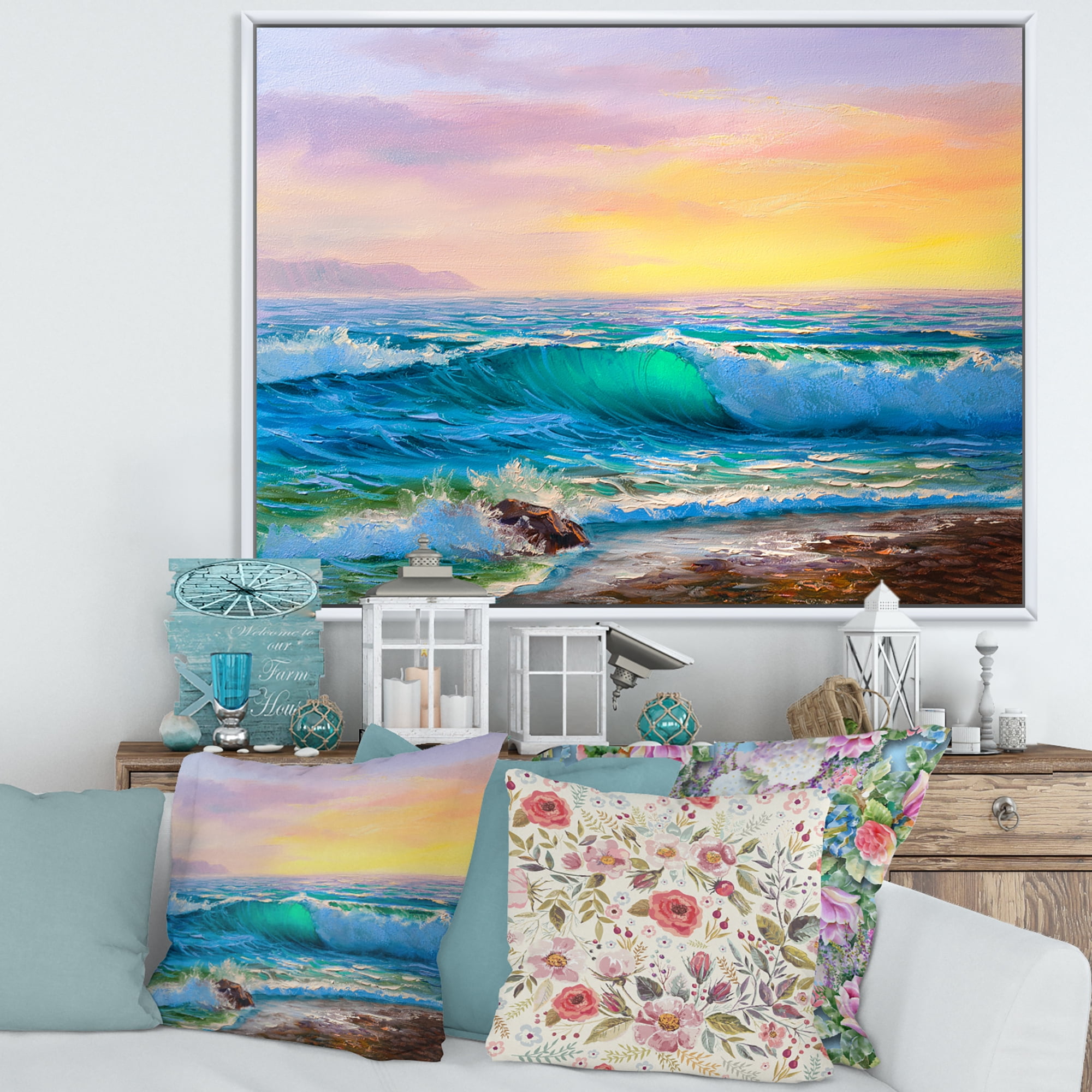 Designart 'Blue Waves Breaking At The Beach Landscape IV' Nautical & Coastal Framed Canvas Wall Art Print