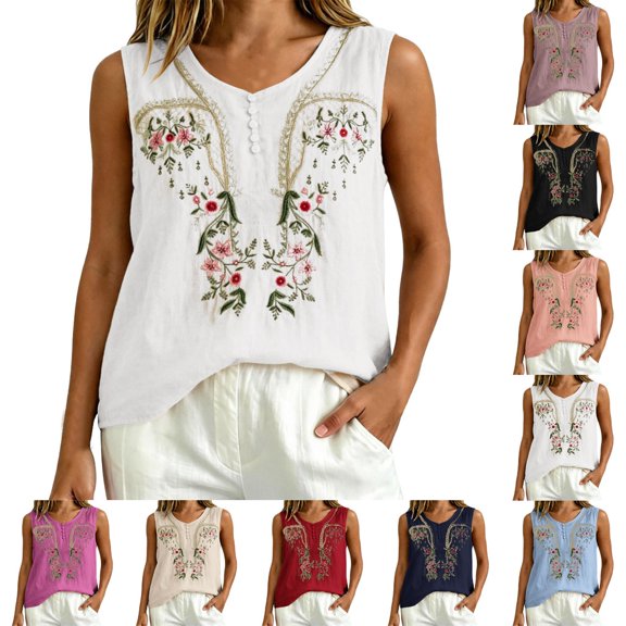 Delayuji Sleeveless Linen Shirt for Women Embroidery Casual Comfy Tank Tops For Women Linen Shirts Womens Summer Top Loose Lightweight Blouses M-5XL Navy M