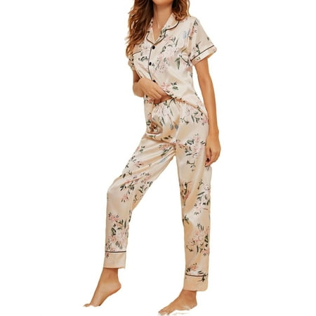 

Short Sleeve Elegant Plants Pocket Pant Sets Lapel Women s Pajama Sets