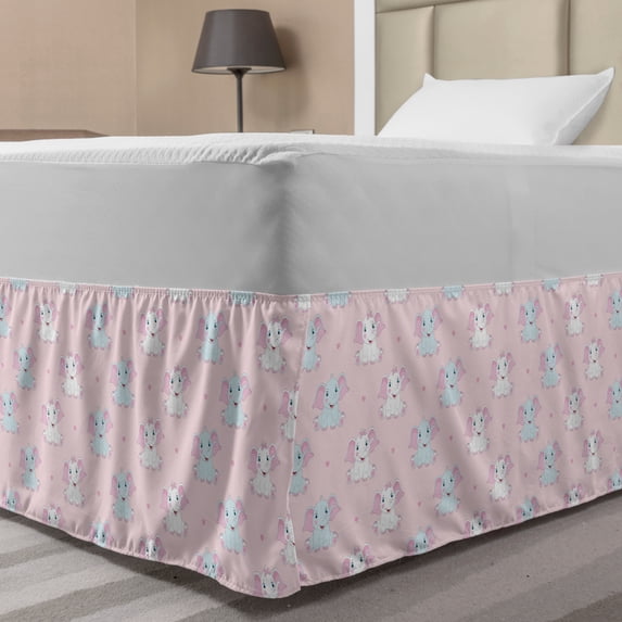 Pastel Bed Skirt, Pattern of Repeating Baby Elephants Smiling with Mini Hearts, Elastic Bedskirt Dust Ruffle Wrap Around for Bedding Decor, 4 Sizes, Rose Baby Pink, by Ambesonne