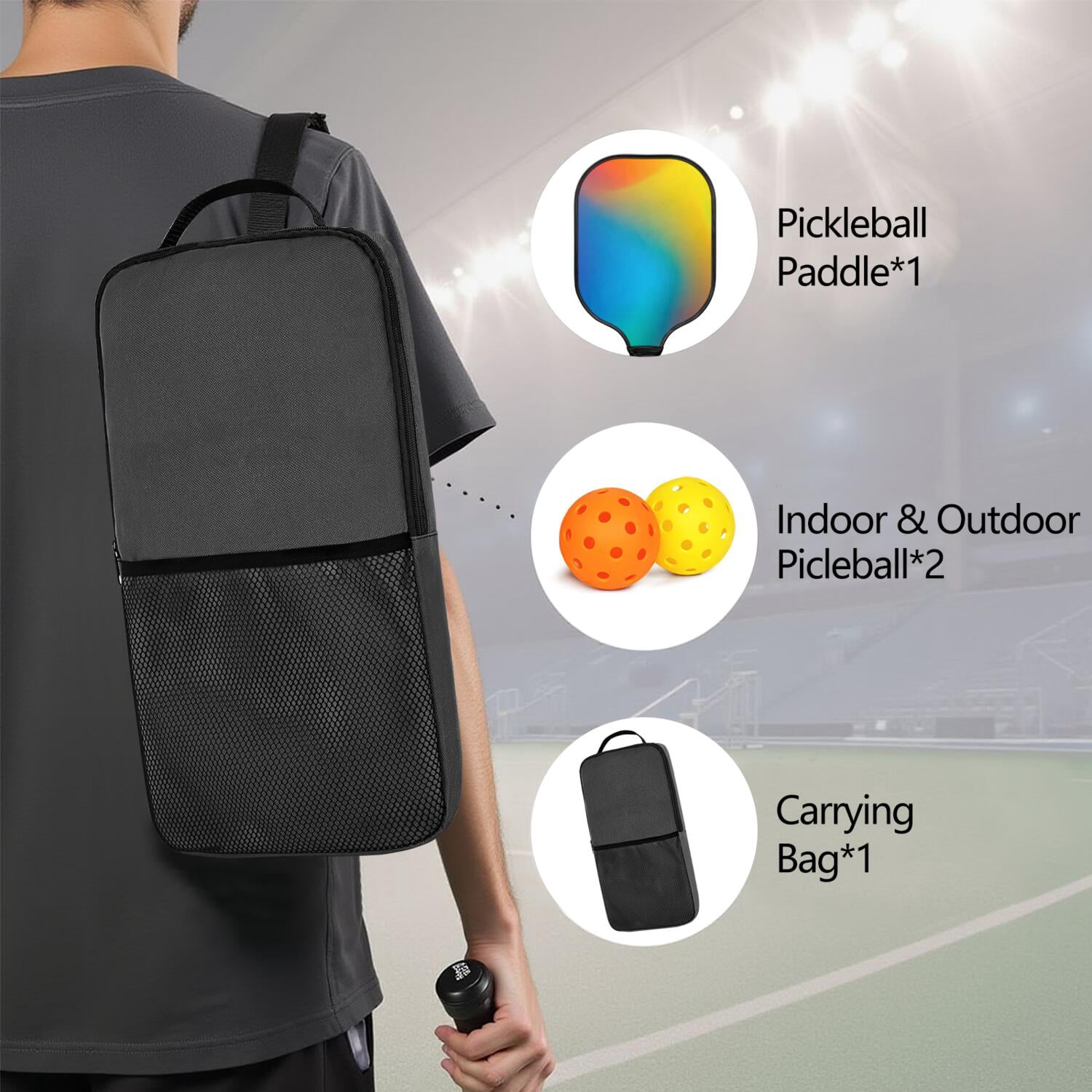Pickleball Paddles Set Of 1, Fiberglass Surface, Neon Fluid Print, 1 Paddle, 2 Balls & Bag