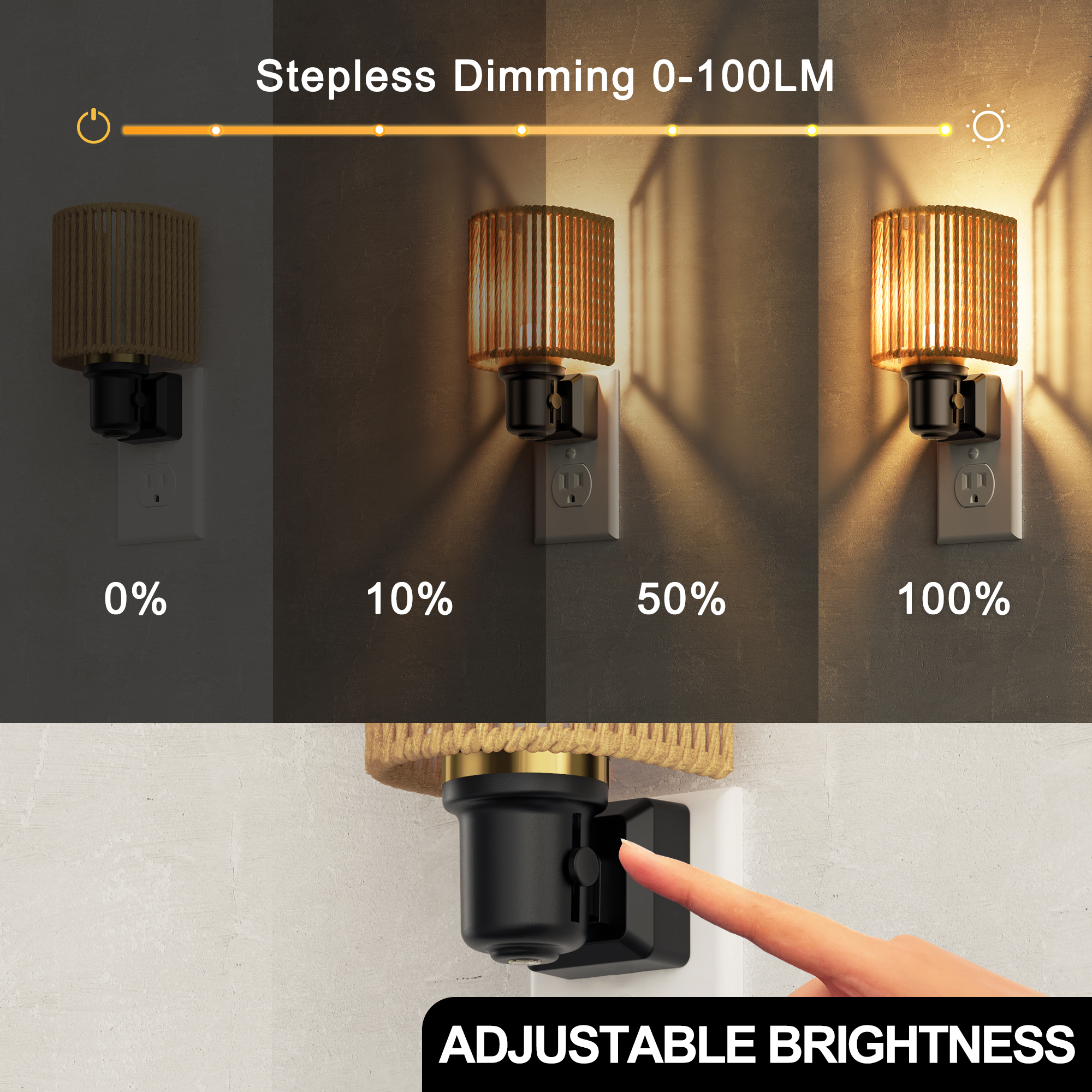 YANSUN 1 Pack Boho Plug in Night Light, Vintage Rattan Dimmable 3000K Decorative Nightlight with Light Sensor and Metal Ring for Bedroom Bathroom