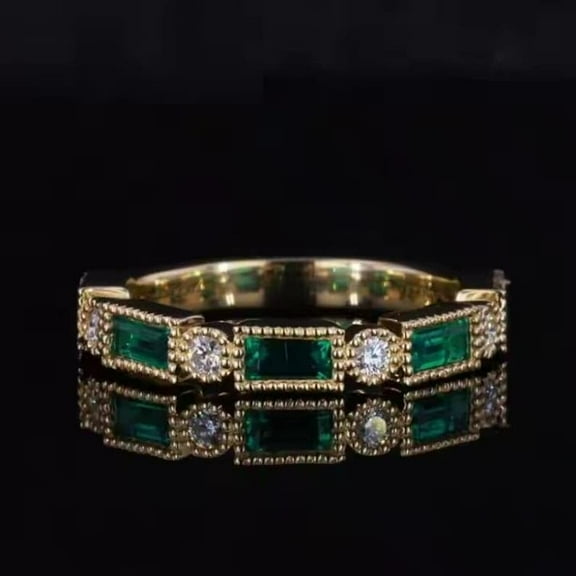 Vintage Emerald and Moissanite Wedding Band Ring In Gold Plated Stacking Ring Art Deco Inspired Ring Dainty Green Gemstone Ring Gift for Her