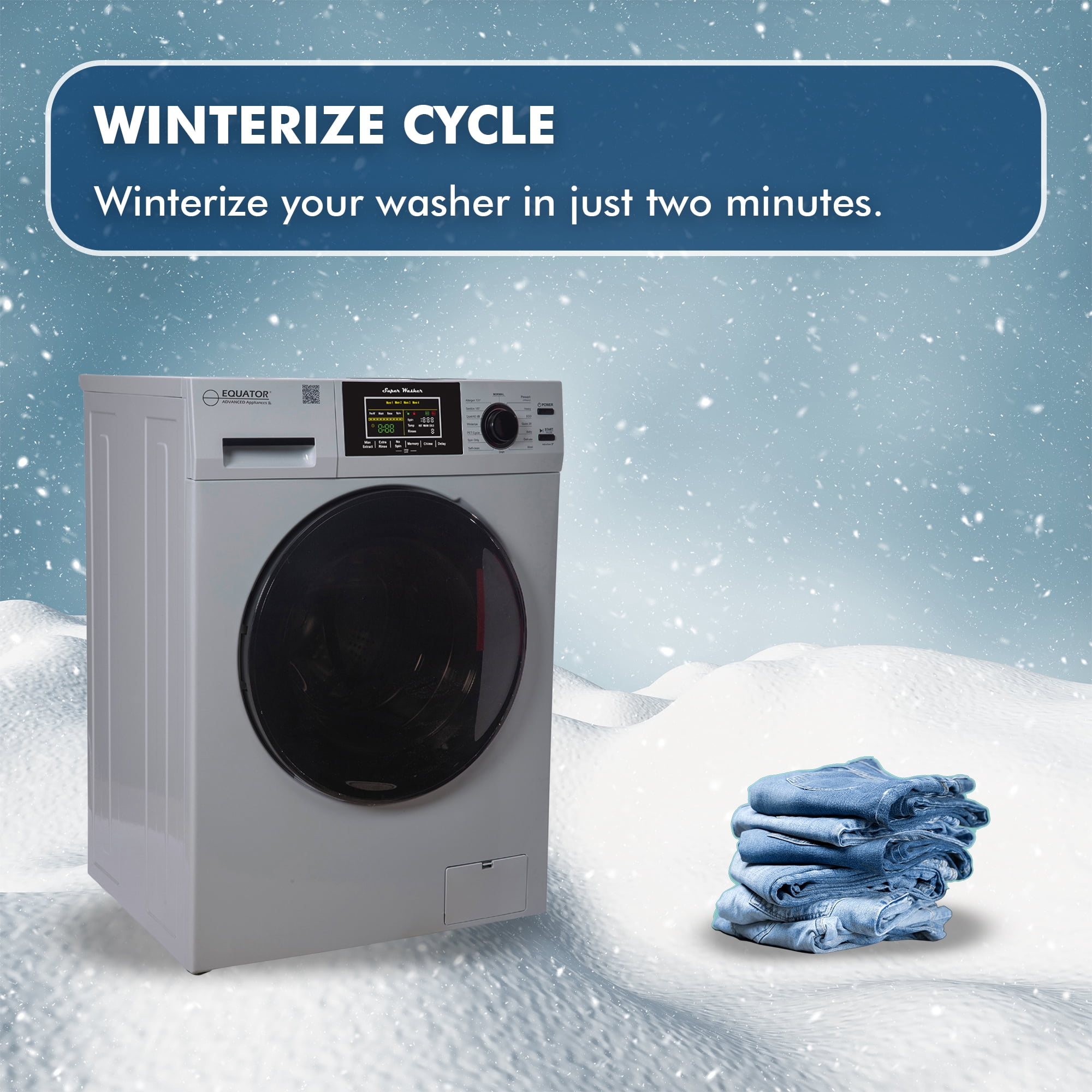 Equator 1.6cf/15lbs Compact Washer 15 Wash Sanitize Allergen PET Cycle With 2 Min. Winterize ( Anti-freeze) Option 1400RPM / 110V