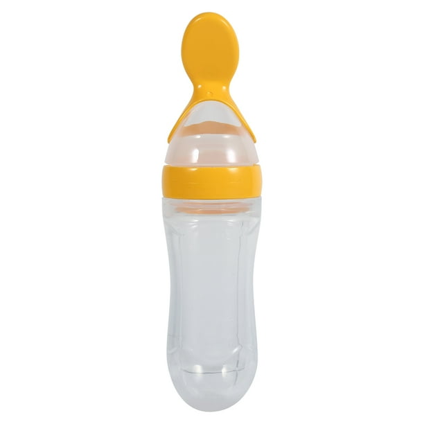 Biberón de silicona de 90 ml para bebés y niños pequeños con cuchara, alimentador exprimidor de cereales y alimentos frescos (amarillo)