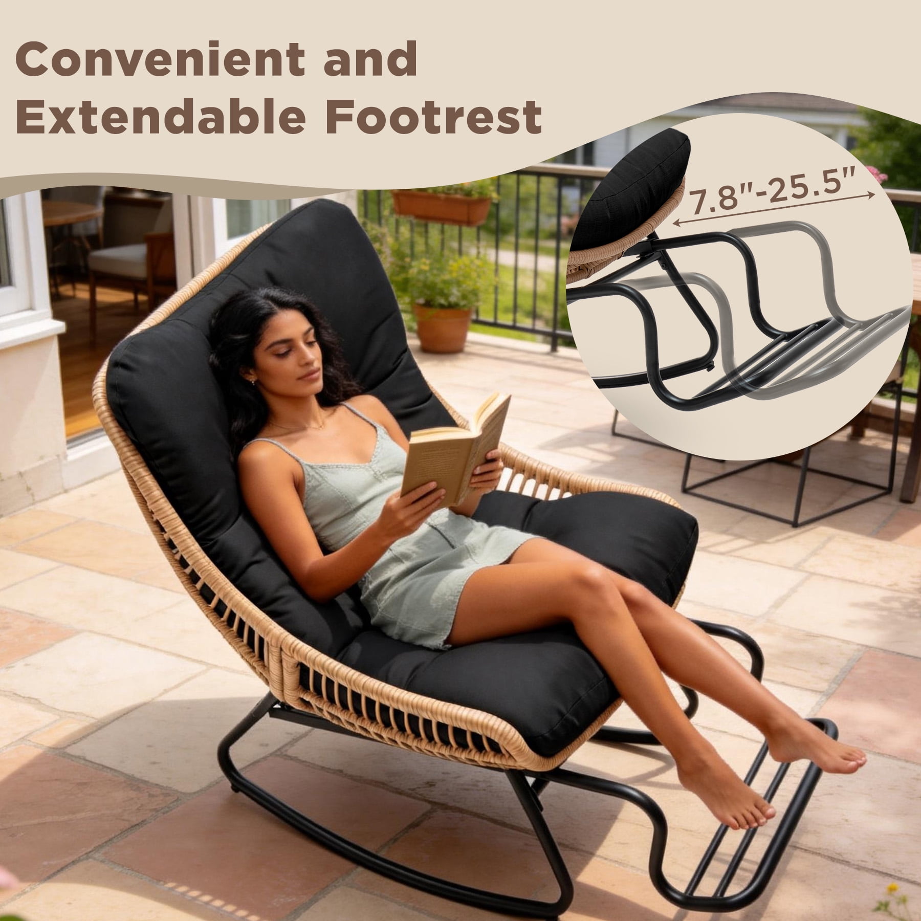 Tappio Rocking Papasan Chair with Adjustable Footrest, Outdoor Egg Rocking Chair with Thick Cushion and Steel Frame, Oversized Papasan Lounge Rocker for Garden, Porch, Living Room, Black