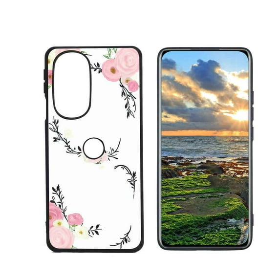 Compatible with Motorola Edge 30 Pro Phone Case, Floral-initial-Flower-Black-Pink-Custom46 Case Men Women, Flexible Silicone Shockproof Case for Motorola Edge 30 Pro