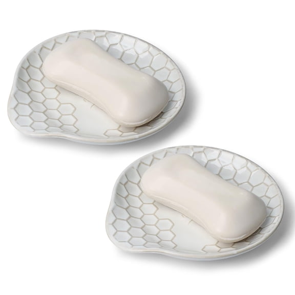 5.3 inch Ceramic Soap Dish, Set of 2 Bar Soap Holder, Shower Soap Dish Soap Saver Tray for Bathroom Kitchen Sink, Stylish and Easy to Clean (Vintage White)