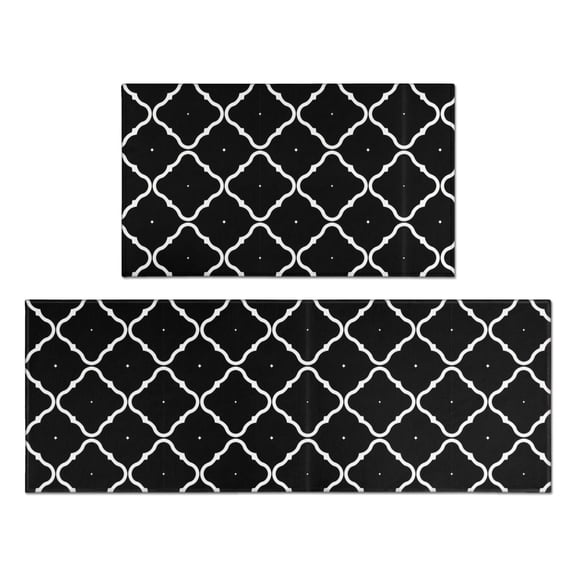 Geometric Square Black Pattern Anti Fatigue Kitchen Rugs Set Of 2, Non Slip Washable Decorative Floor Mats for Kitchen Sink Laundry, 17"x30" and 17"x47"