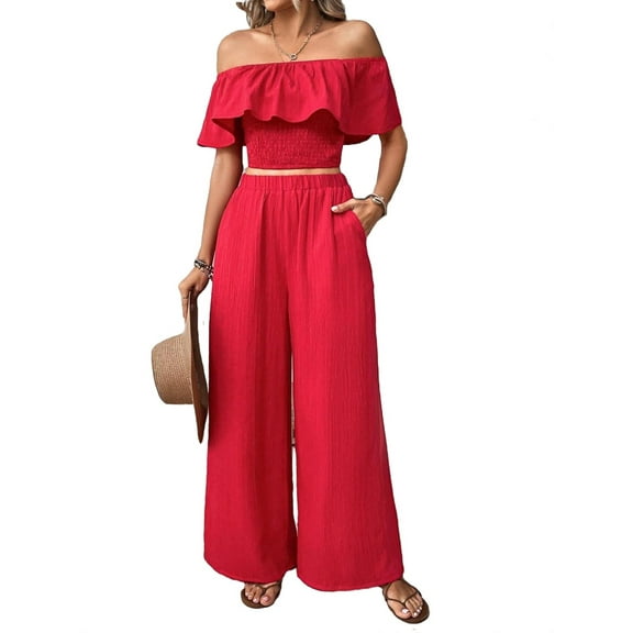 Women's Two-piece Outfits Boho Plain Off the Shoulder Red XS (2)