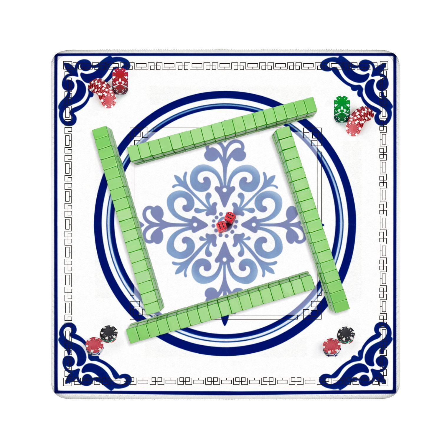 Mahjong Mat 31.5" x 31.5" Blue White Ornamental Tile Design Floral Non-Slip Noise Reduction American Mahjong Tiles Table Cover for Dominoes Poker Card Board Games Gift