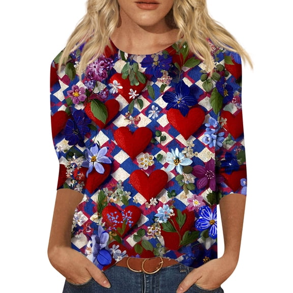 Garbnen Womens Valentines Day Tops 3/4 Length Sleeve Womens Tops Love Heart Print Crew Neck Dressy Tunic Tops for Women