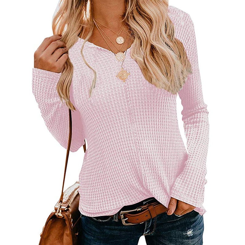 Freshlook Women S Waffle Knit Tops Casual V Neck Tunic Solid Color Long Sleeve Shirt Walmart Com Walmart Com